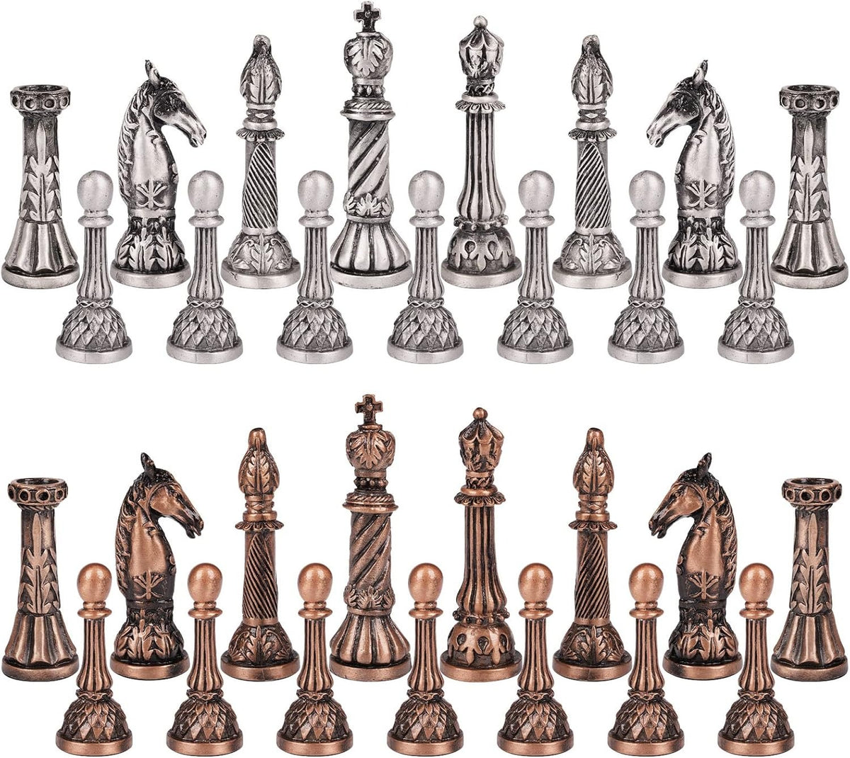 Set de Ajedrez Plegable tipo Mármol con Piezas de Metal Tipo Bronce y Plata