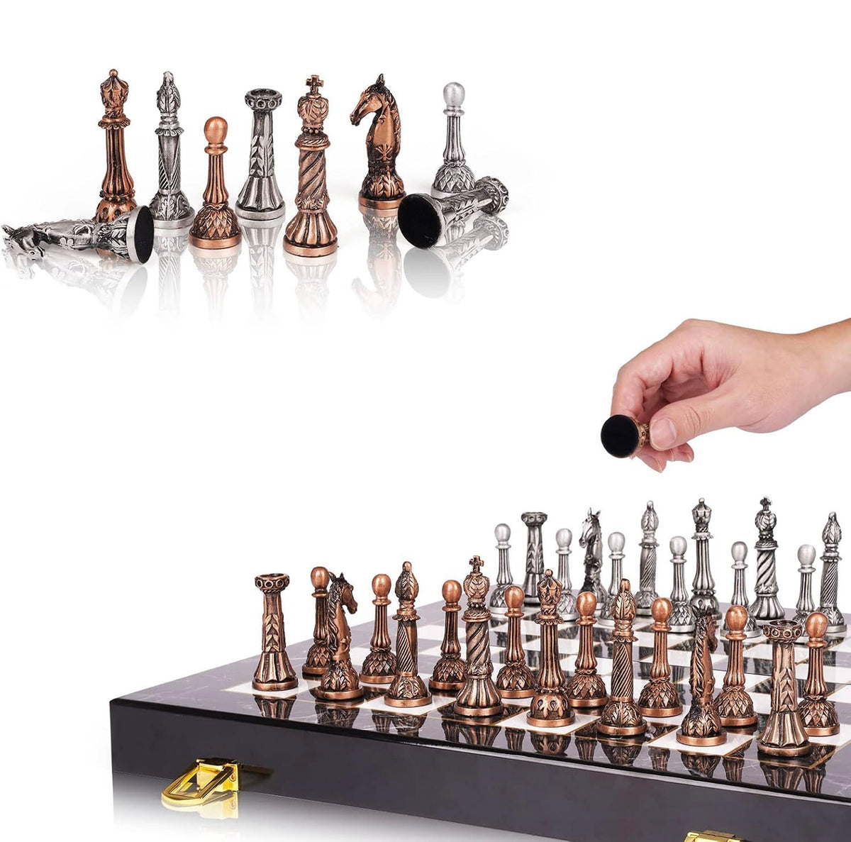 Set de Ajedrez Plegable tipo Mármol con Piezas de Metal Tipo Bronce y Plata