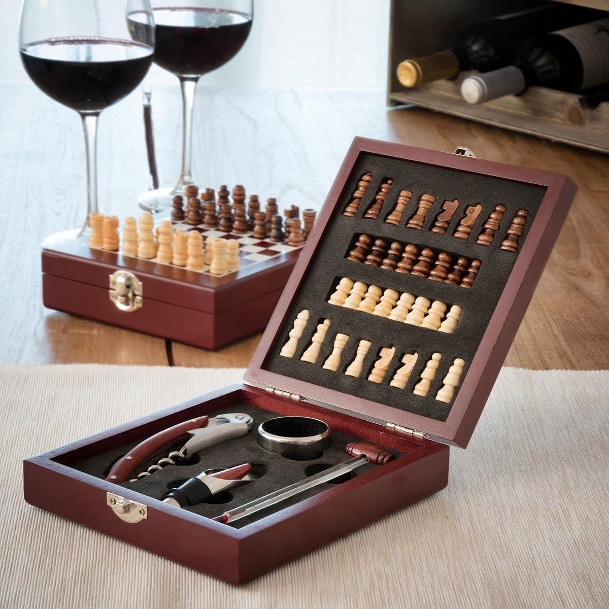 Set Juego De Ajedrez Madera Pequeño Con 4 Accesorios De Vino