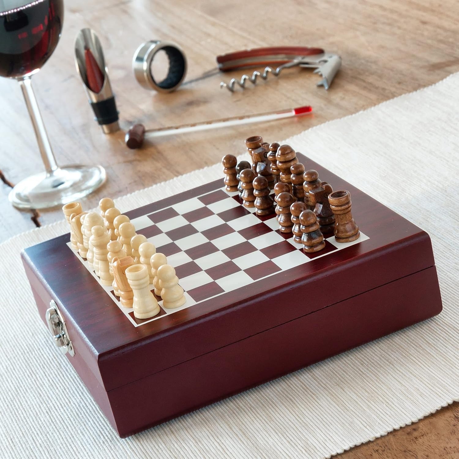 Set Juego De Ajedrez Madera Pequeño Con 4 Accesorios De Vino