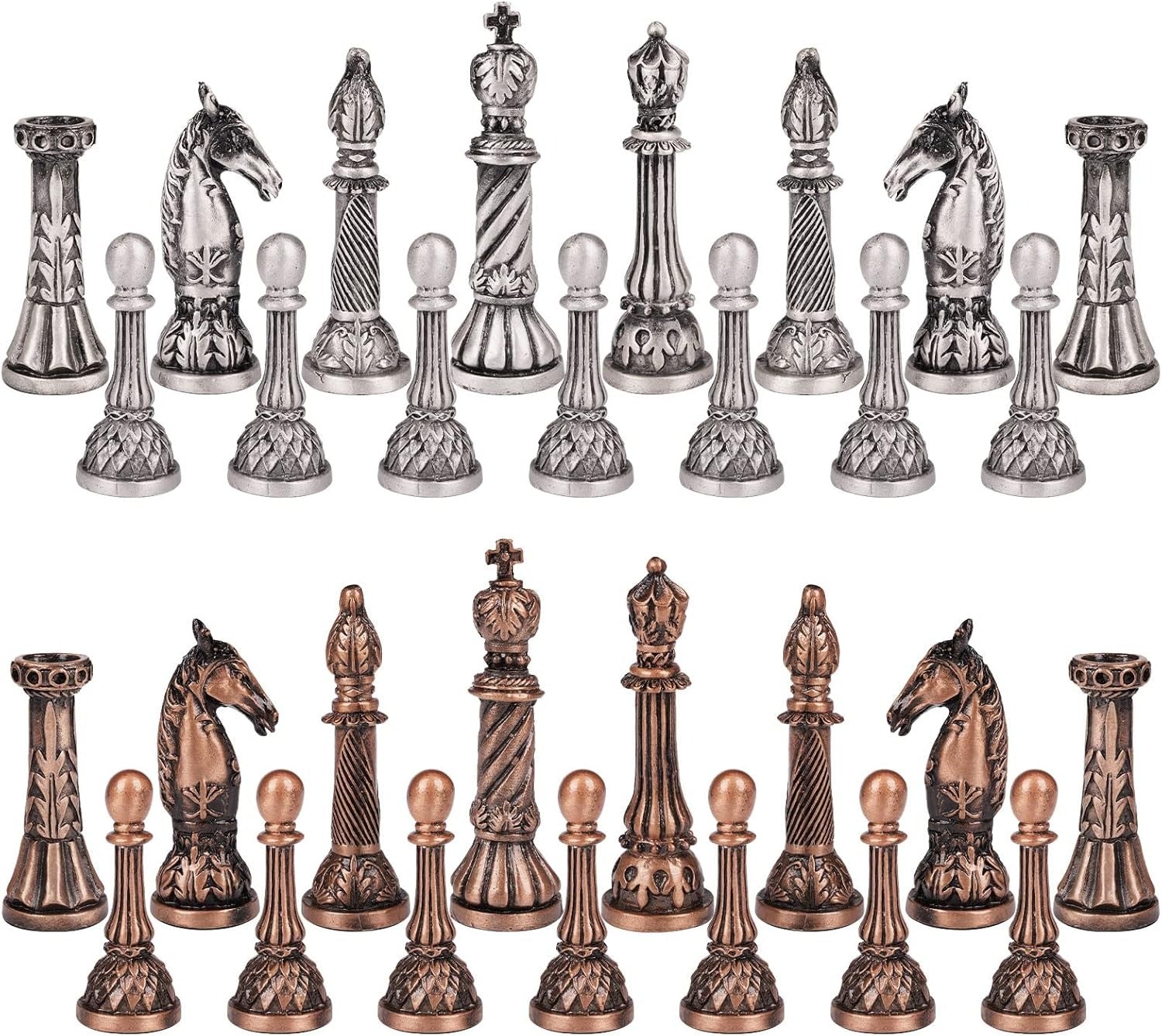 Set de Ajedrez Plegable tipo Mármol con Piezas de Metal Tipo Bronce y Plata