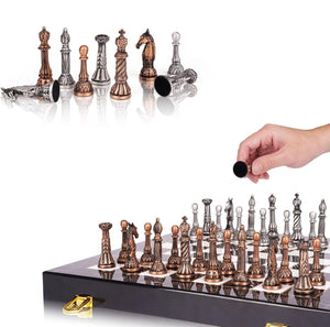 Set de Ajedrez Plegable tipo Mármol con Piezas de Metal Tipo Bronce y Plata