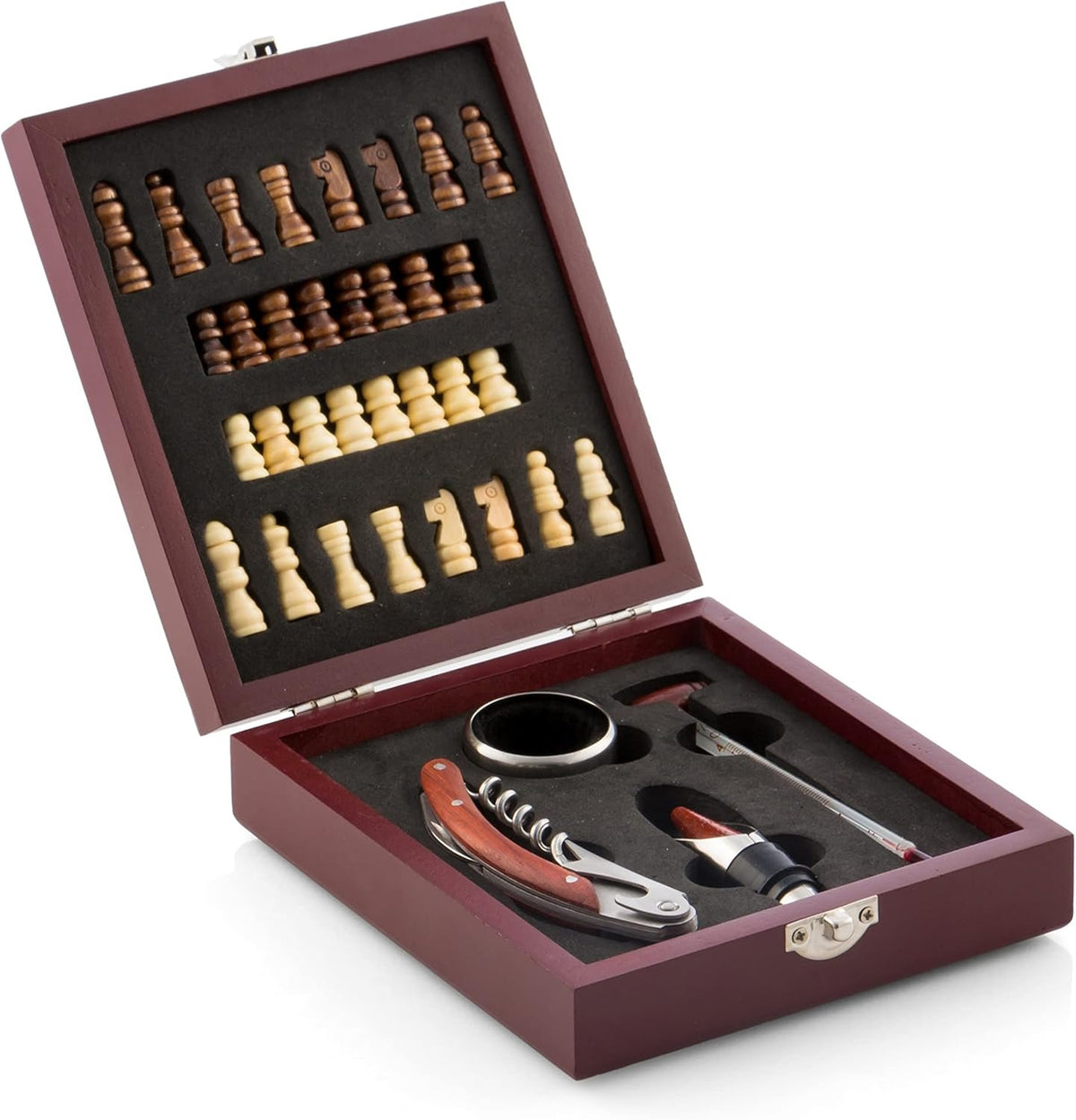 Set Juego De Ajedrez Madera Pequeño Con 4 Accesorios De Vino