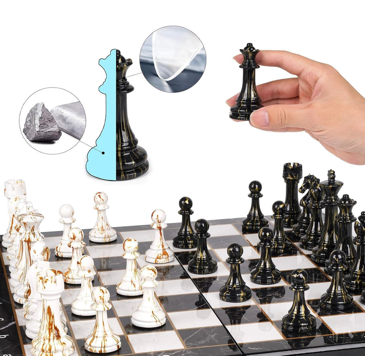 Set de Ajedrez Plegable tipo Mármol con Piezas Marmoladas