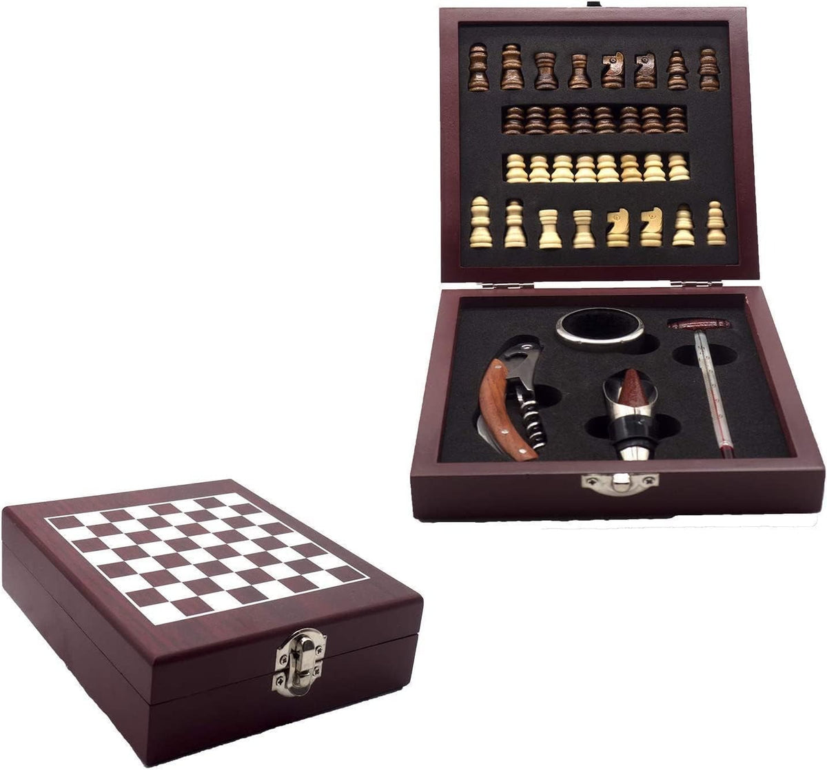 Set Juego De Ajedrez Madera Pequeño Con 4 Accesorios De Vino